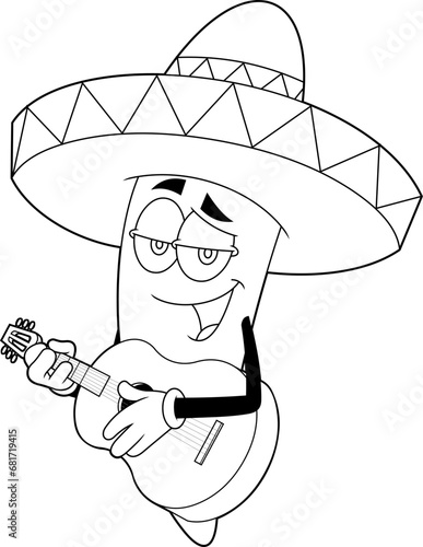 Outlined Mexican Hot Chili Pepper Cartoon Character Singing With A Guitar. Vector Hand Drawn Illustration Isolated On Transparent Background