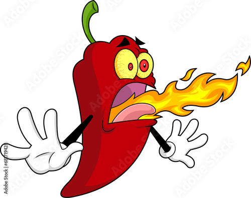 Funny Hot Chili Pepper Cartoon Character Breathing Fire. Vector Hand Drawn Illustration Isolated On Transparent Background