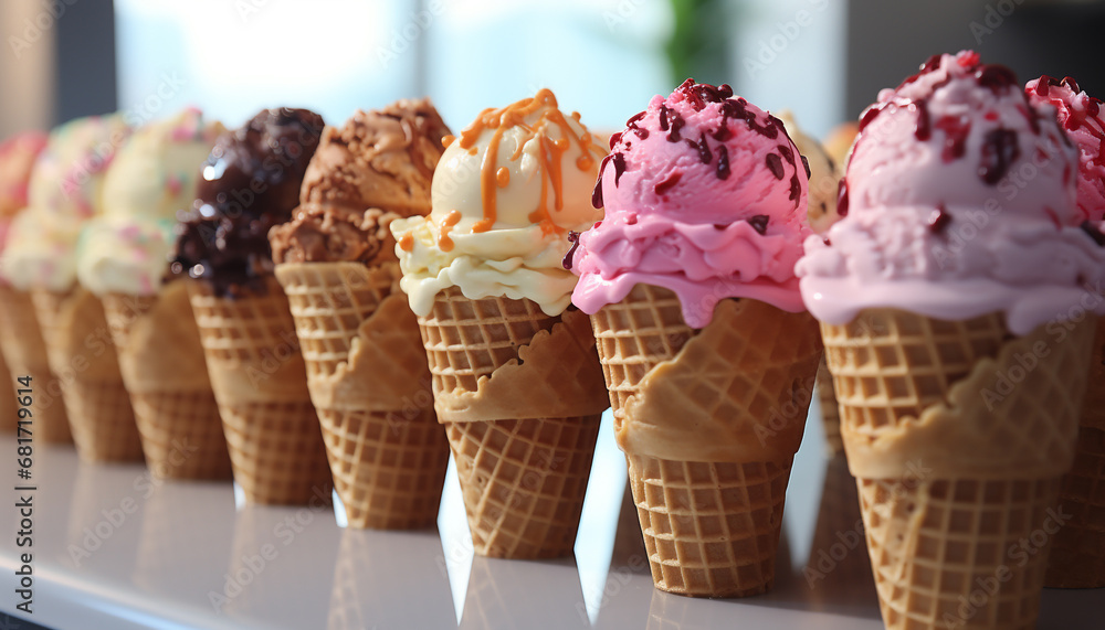 A colorful ice cream sundae with strawberry, chocolate, and raspberry generated by AI