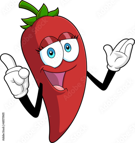 Happy Hot Chili Pepper Cartoon Character Pointing. Vector Hand Drawn Illustration Isolated On Transparent Background