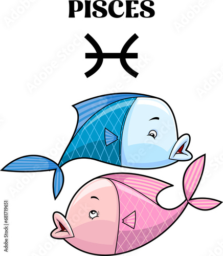 Pisces Cartoon Character Horoscope Zodiac Sign. Vector Hand Drawn Illustration Isolated On Transparent Background