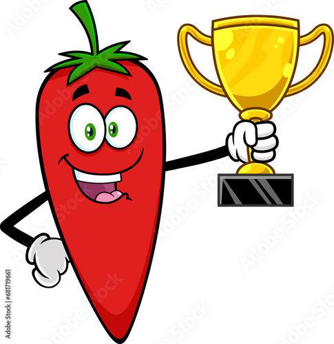 Happy Hot Chili Pepper Cartoon Character Holding A Big Golden Cup. Vector Hand Drawn Illustration Isolated On Transparent Background