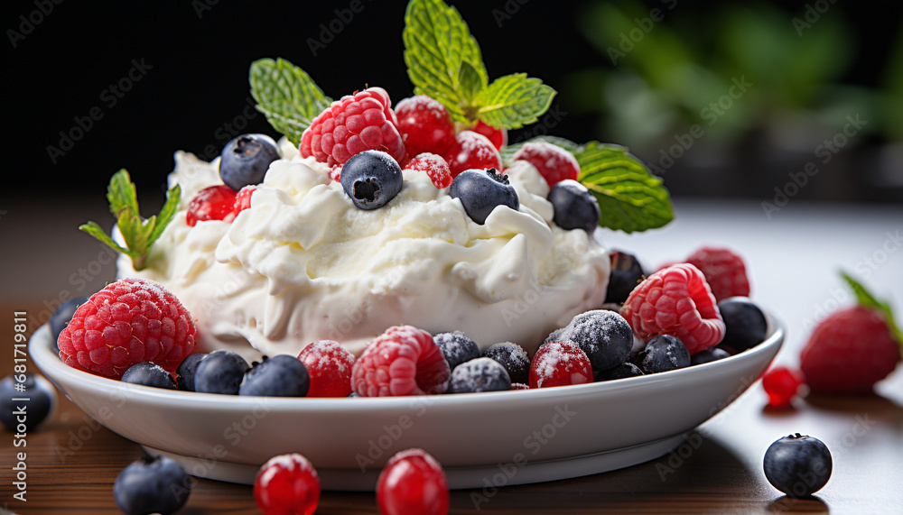 Fresh berry dessert with yogurt, mint leaf, and whipped cream generated by AI Fresh berry dessert with yogurt, mint leaf, and whipped cream generated by AI