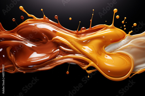 Splashes of chocolate and milk caramel in different variations. Generative AI.