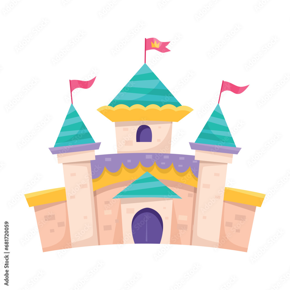 Fototapeta premium Medieval Fairy Castle with Towers and Flags Vector Illustration