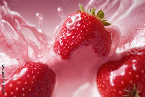 truskawki wpadają do jogurtu, Fotorealistyczna ilustracja truskawki. 