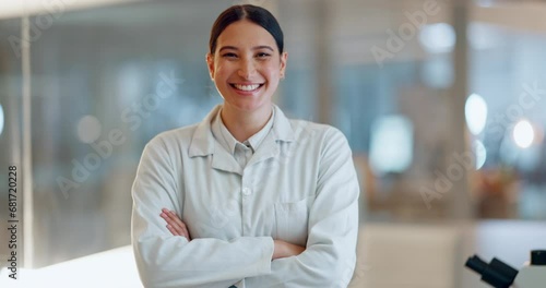 Lab woman, arms crossed and scientist happy for clinic confidence, medical innovation or pharma study, trust or investigation. Expert portrait, laboratory study and person work on science development photo