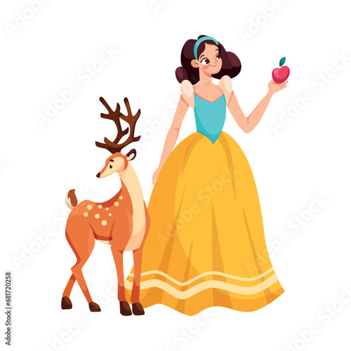 Snow White with Apple and Deer as Fairytale Character Vector Illustration