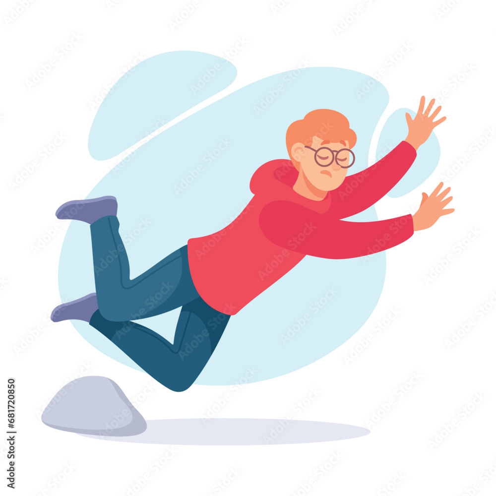 Fototapeta premium Falling Young Man Character Slip on the Ground Vector Illustration