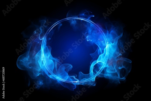 neon blue color glowing light smoke circle on dark background