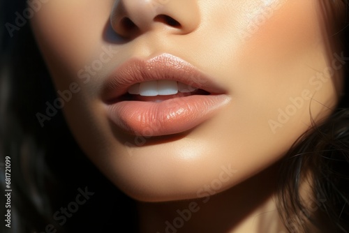 A beautiful Asian woman with glossy and moist lips adorned with stylish pink lipstick makeup. Cosmetic concept. Lip beauty. Open mouth with white teeth. Close-up view.