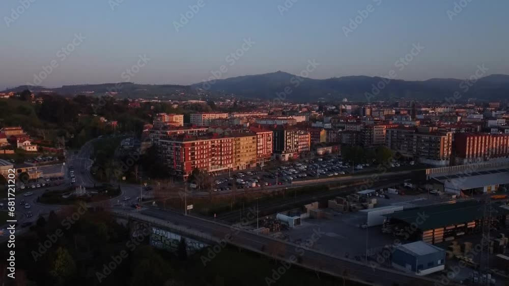 View of the Besaya river in Torrelavega with aerial drone view View of the Besaya river in Torrelavega with aerial drone view