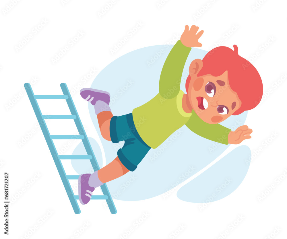 Falling Little Boy Character Slip on Stepladder Vector Illustration Falling Little Boy Character Slip on Stepladder Vector Illustration