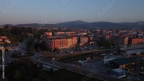 View of the Besaya river in Torrelavega with aerial drone view photo