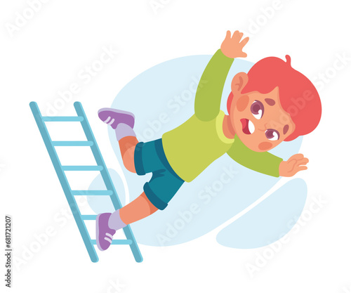 Falling Little Boy Character Slip on Stepladder Vector Illustration