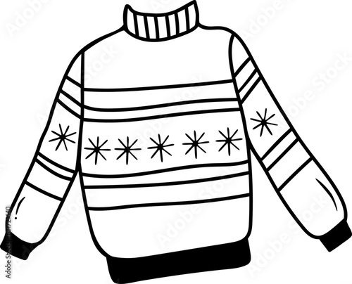 Single doodle christmas sweater with snowflakes print in black and white colors. Isolated on white.