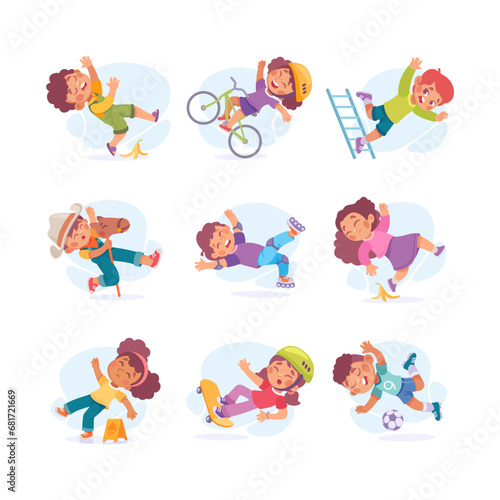 Falling Little Boy and Girl Character Slip on the Ground Vector Illustration Set