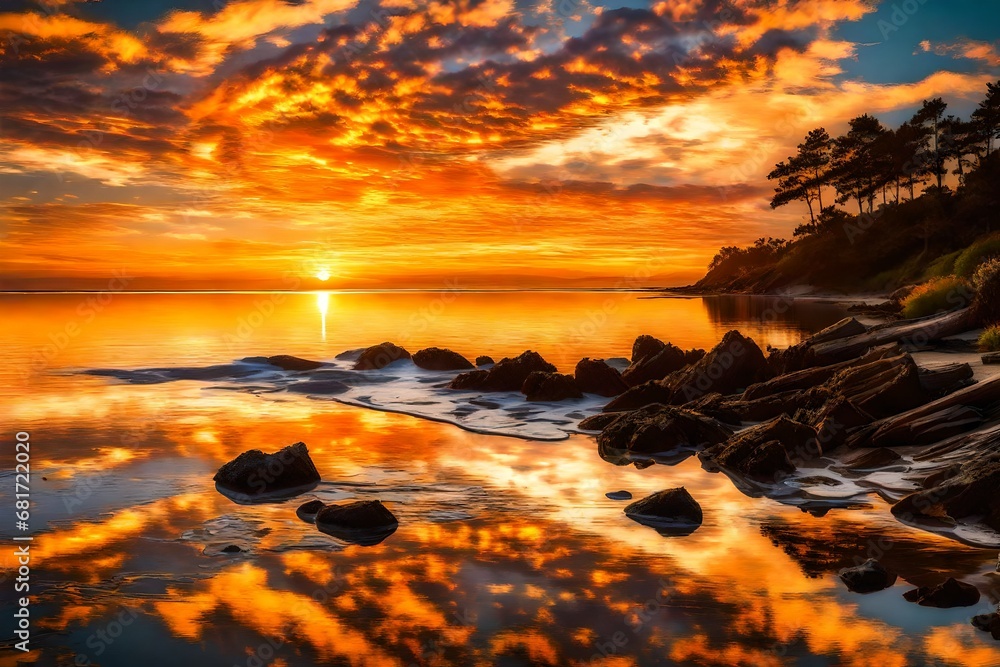A coastal sunrise with vibrant colors reflecting in the water, the sky adorned with scattered, golden-edged clouds.