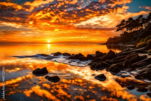 A coastal sunrise with vibrant colors reflecting in the water, the sky adorned with scattered, golden-edged clouds.