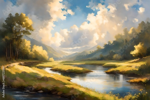 A quiet river winding through a peaceful valley, the sky above adorned with fluffy clouds catching the afternoon sunlight.