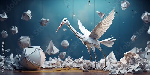 White origami crane, bird, paper, The origami crane is made of white paper, isolated on a white background, Origami Bird By Wilhelm J A Playful Character Design With Cubis, generative AI