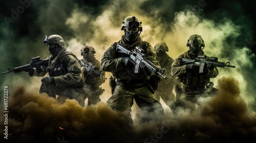 Warzone camaraderie! A portrait of military men, a group of soldiers on a smoky background. photo