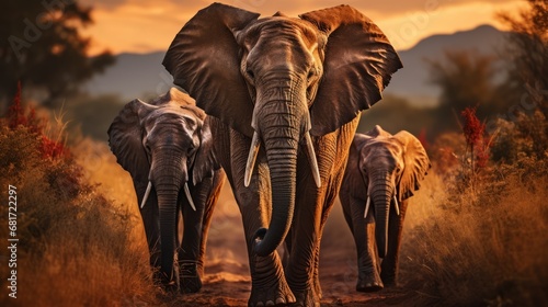 A group of elephants in the savanna during sunset © ProVector