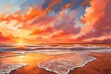 A tranquil beach with gentle waves, the sky painted with a palette of warm colors as the sun sets behind fluffy clouds.