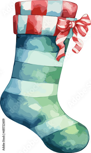 Watercolor hand drawn christmas stocking full of gifts and treats