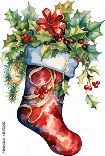Watercolor hand drawn christmas stocking full of gifts and treats