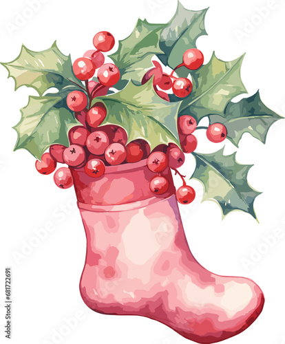 Watercolor hand drawn christmas stocking full of gifts and treats