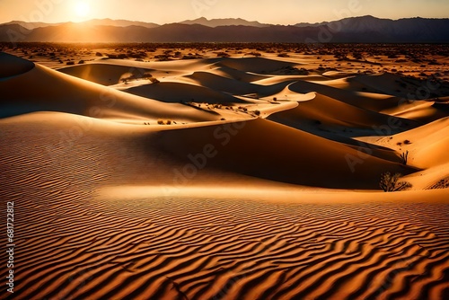 A desert landscape with rolling dunes  the sun casting long shadows as it sets behind a canvas of wispy clouds.