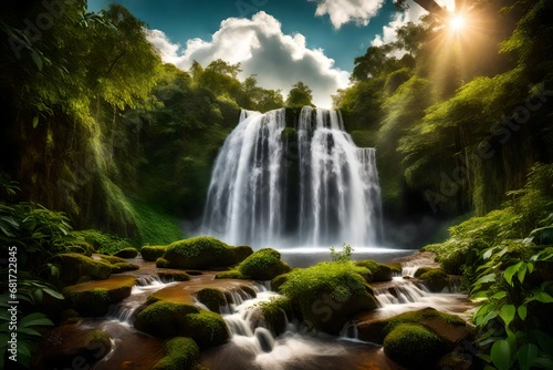 A serene waterfall framed by lush greenery, the sky above decorated with fluffy clouds catching the sunlight.