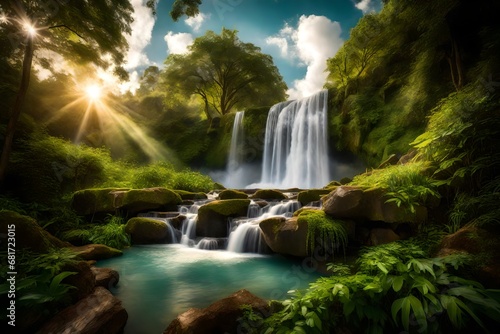 A serene waterfall framed by lush greenery, the sky above decorated with fluffy clouds catching the sunlight.