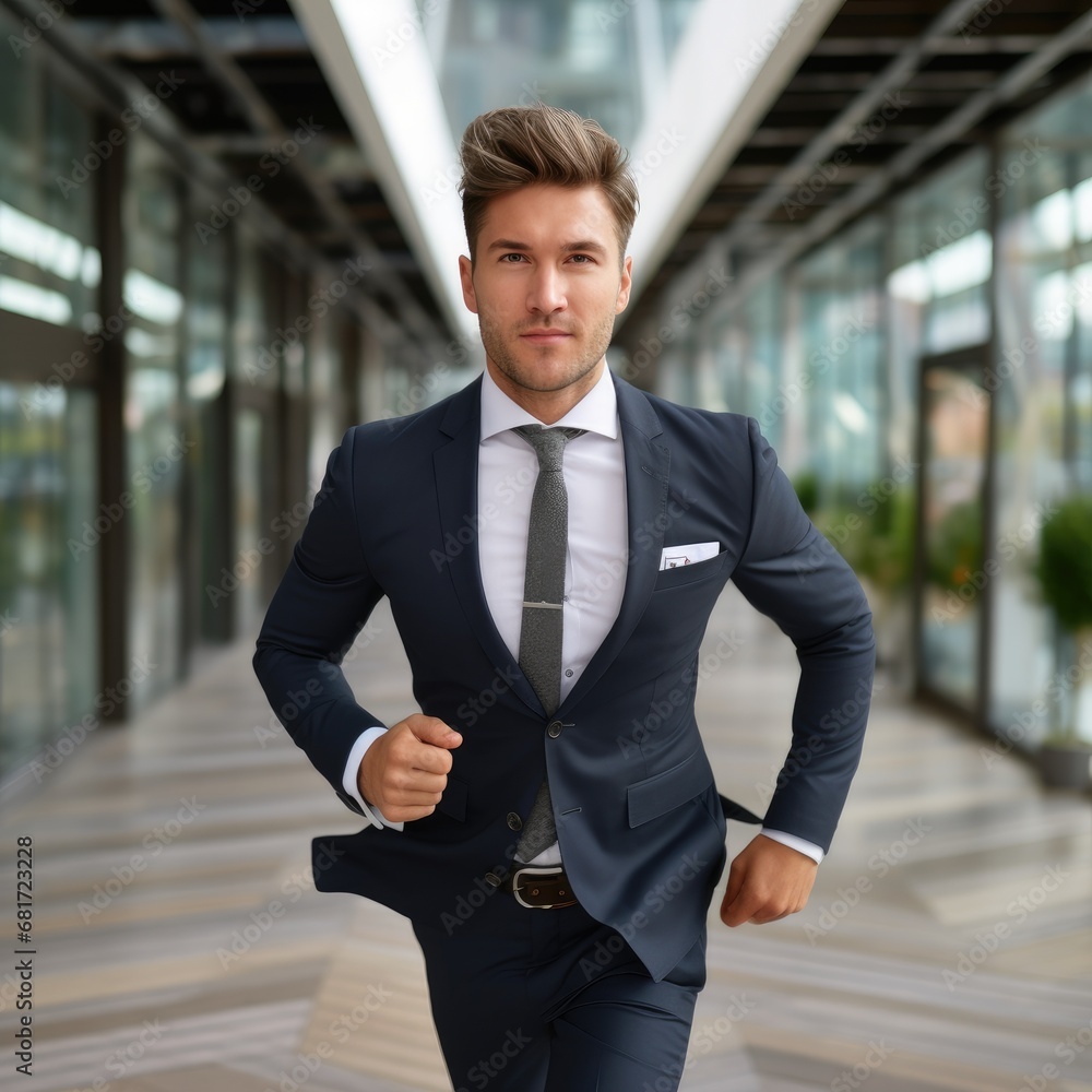 Businessman wearing a business suit is running facing to the camera. Business vibe Businessman wearing a business suit is running facing to the camera. Business vibe