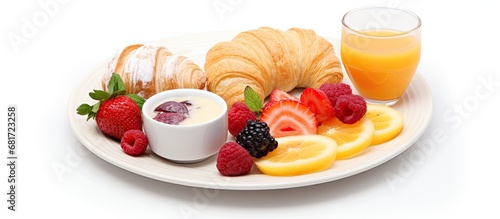 background, a delicious and healthy breakfast is set on an isolated white plate, showcasing a variety of mouthwatering bakery items, fruit, honey, and baked desserts, all accompanied by a tantalizing
