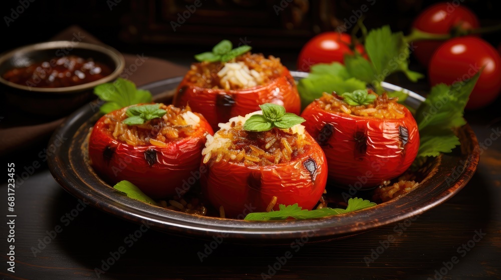 Turkish culinary delight! Traditional stuffed tomatoes with rice and olive oil, showcasing the rich flavors of Turkish cuisine.