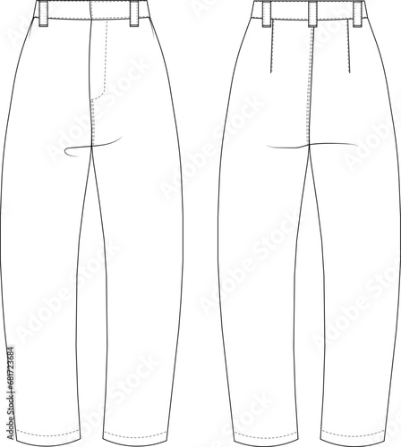 tapered trouser pant technical drawing flat sketch template cad mockup fashion woman denim jeans cad flat, fashion template, apparel template, technical drawing, 
