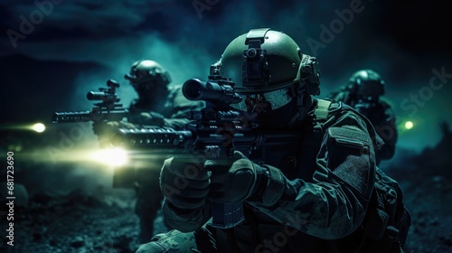 Tactical excellence at night! Witness a soldiers squad in action using laser sight beam lights during a night mission