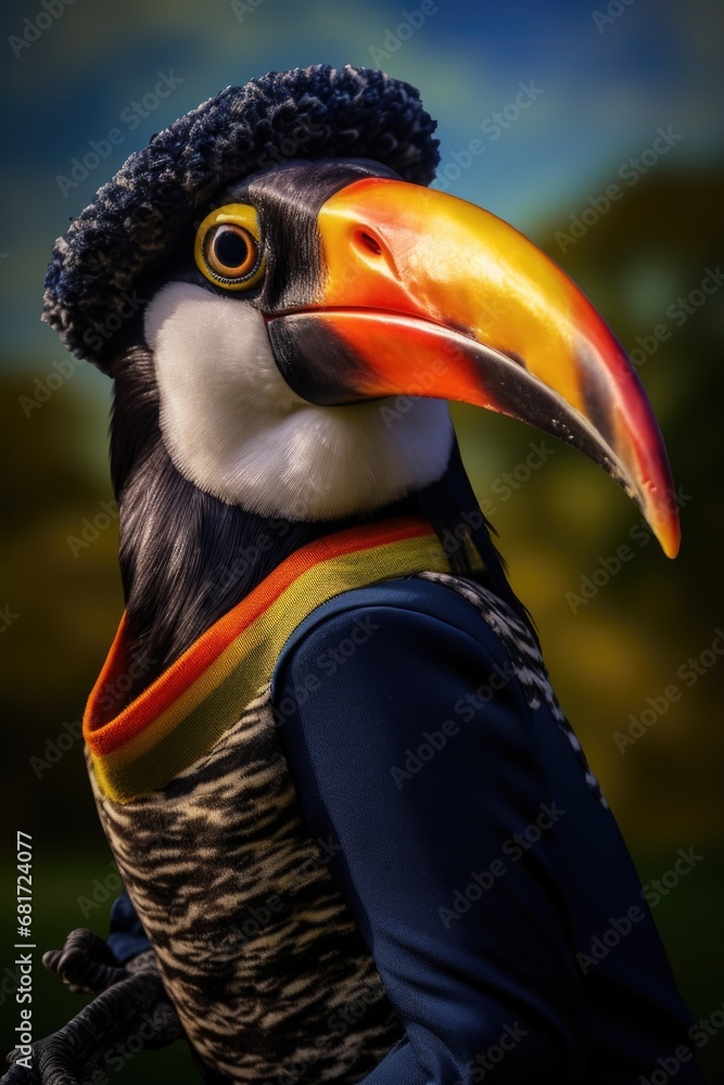 Fototapeta premium A close up view of a bird wearing a hat. This image can be used for various purposes