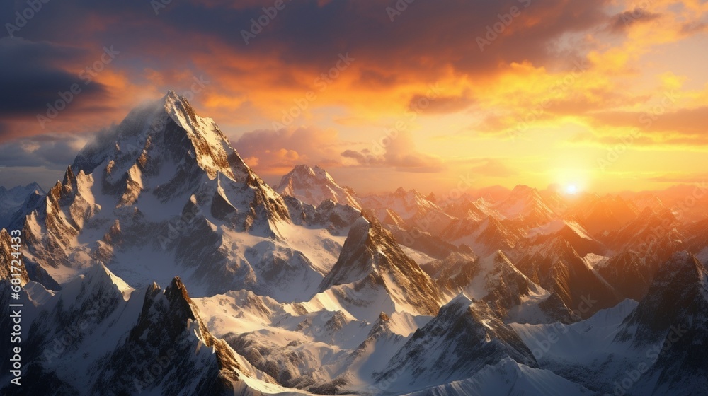 A high mountain pass at sunset, offering a panoramic view of jagged peaks against a vibrant sky, with the last rays of sun casting a golden light over the snow.