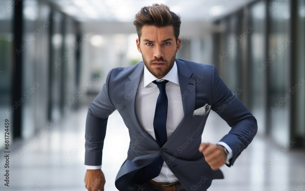 Businessman wearing a business suit is running facing to the camera. Business vibe Businessman wearing a business suit is running facing to the camera. Business vibe
