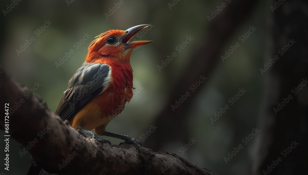 Fototapeta premium Vibrant bee eater perching on branch, alert in tropical forest generated by AI