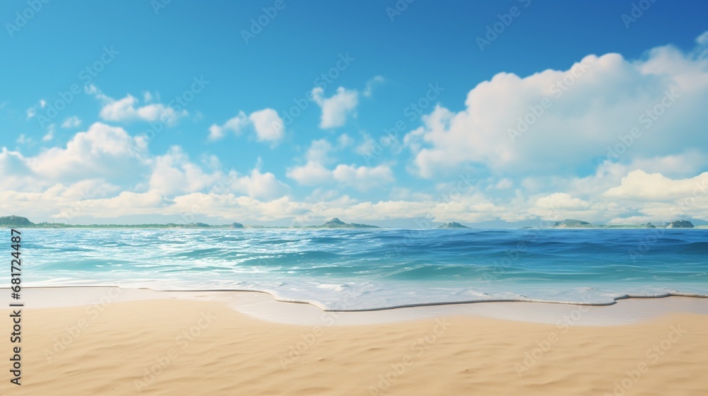 A long, deserted beach with smooth, golden sands, rolling waves, and a panoramic view of the horizon, with distant sailboats and a clear blue sky.
