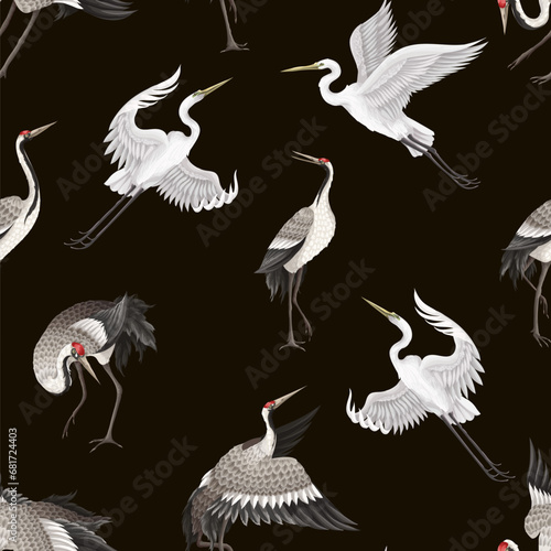 Canvas Print Seamless pattern with dancing crenies and herons. Vector.