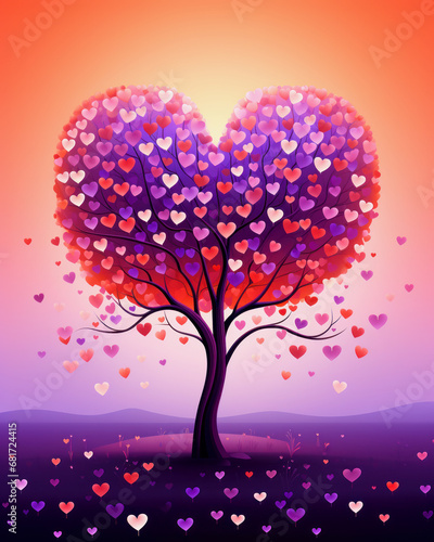 illustration of a purple red tree in a heart shape with small hearts as leaves, violet landscape © Claudia Nass