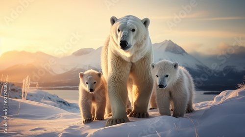 A mother polar bear and her cubs walking through