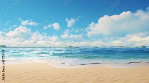 A long, deserted beach with smooth, golden sands, rolling waves, and a panoramic view of the horizon, with distant sailboats and a clear blue sky. © AD Collections