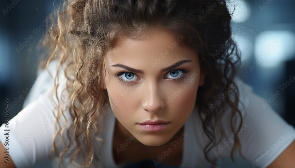 Young woman with curly hair looking at camera, exuding confidence generated by AI Young woman with curly hair looking at camera, exuding confidence generated by AI