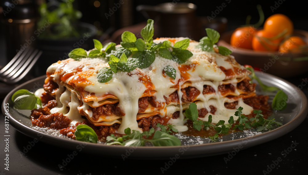 Freshness and flavor on a plate of homemade lasagna generated by AI Freshness and flavor on a plate of homemade lasagna generated by AI